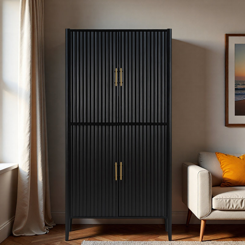 Modern Fluted Wine Cabinet With Glass Display, Stemware Rack, Drawer, Adjustable Shelves And Built-in Led Lighting, Black