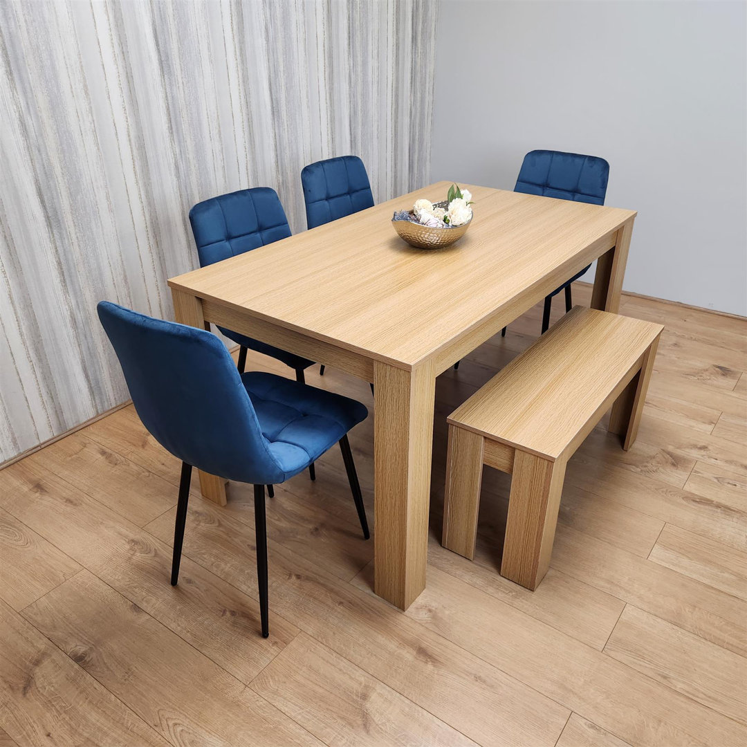 6 Seater Modern Light Wood Dining Table Set with 4 Blue Velvet Chairs and Bench H75 x L140 x W80 cm