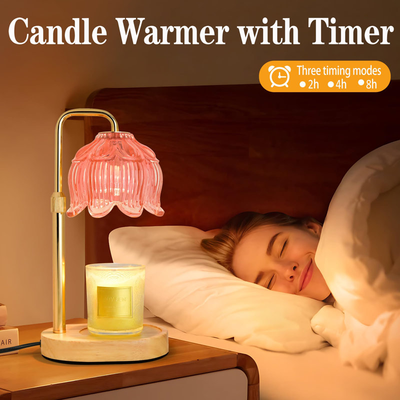 Lotus Candle Holder With Glass Shade, Timeer Dimmer & Adjustable Height, Candle Warmer Lamp For Bedroom, Pink