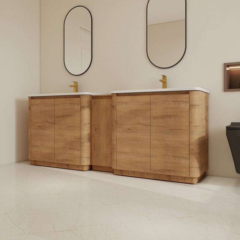 Ensemble de meuble-lavabo double autoportant 84 po avec lavabos en céramique et tablettes réglables 84 po, Imitative Oak, 84"