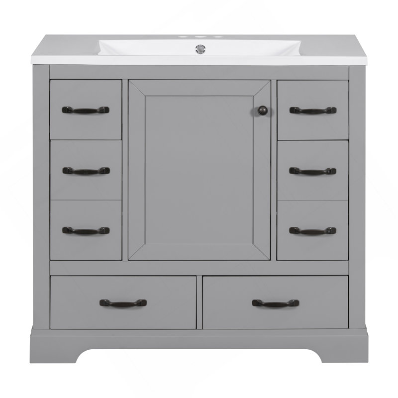 Meuble-lavabo 36 po avec évier, six tiroirs, diviseur de tiroir multifonctionnel, tablette réglable, gris, Gris