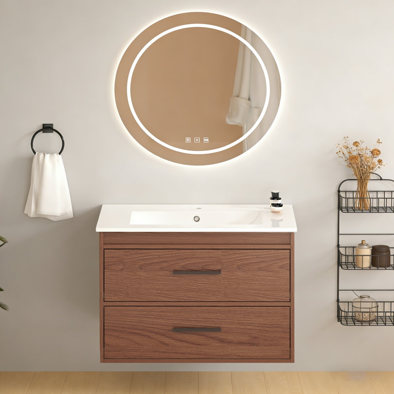 30"  reddish brown  Wall Mounting Bathroom Vanity, Soft Close  2 Drawer