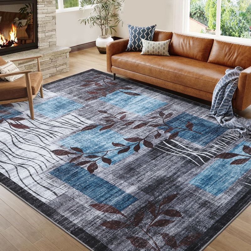 Machine Washable Rug with Rubber Backing for Living Room Modern Non-Slip Dining Room Rug Easy-Cleaning Geometric Floor Carpet for Bedroom Hallway Kitchen Office Playroom