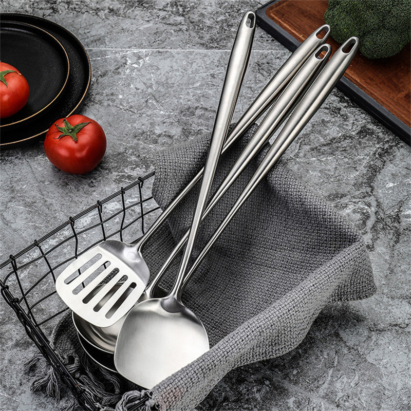 Ensemble d'ustensiles de cuisine 4 pièces en acier inoxydable 304 - Spatule et cuillère avec poignées allongées pour une manipulation sécuritaire