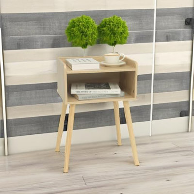 Table de chevet moderne Mid-Century avec rangement, petite table de chevet pour la chambre à coucher ou le salon, table de bout avec pieds en bois massif et tablettes à 2 niveaux