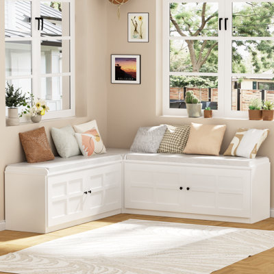 L Shape Storage Bench, Kitchen Breakfast Nook Bench With Cushion Backless Corner Bench Nook  For Entryway  Dining Room Cloakroom, White