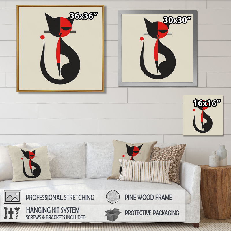 Minimal chat en noir et rouge - impression d'art mural chat, Toile tendue, H 30 po x l 30 po x P 1 po