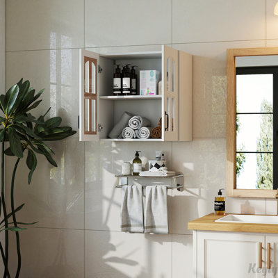 Armoire murale, armoire murale avec porte vitrée, armoire flottante avec tablettes non ajustables pour la cuisine, la salle de bain et le salon