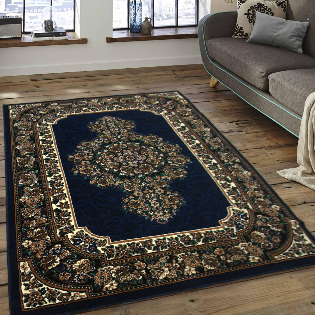 Arkin High-Quality Floral Double Shot Drop-Stitch Carving Navy Area Rug Astoria Grand Rug 