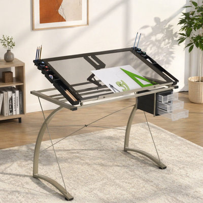Silver Glass Top Drafting Table with Storage