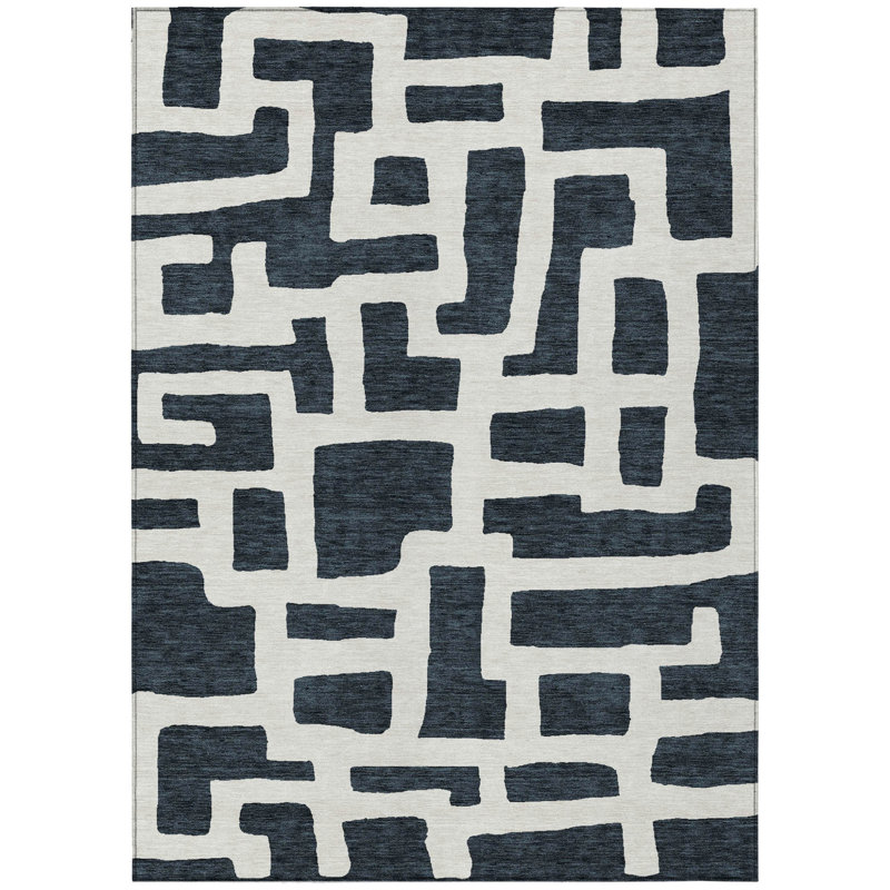 Tapis extérieur lavable abstrait noir et ivoire 5 pi x 8 pi