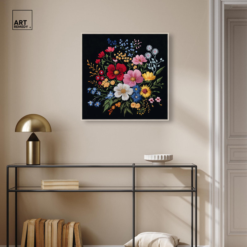 «Midnight Wildflower Weave», art mural maximaliste par , H 25 po x l 25 po, Encadrement argenté