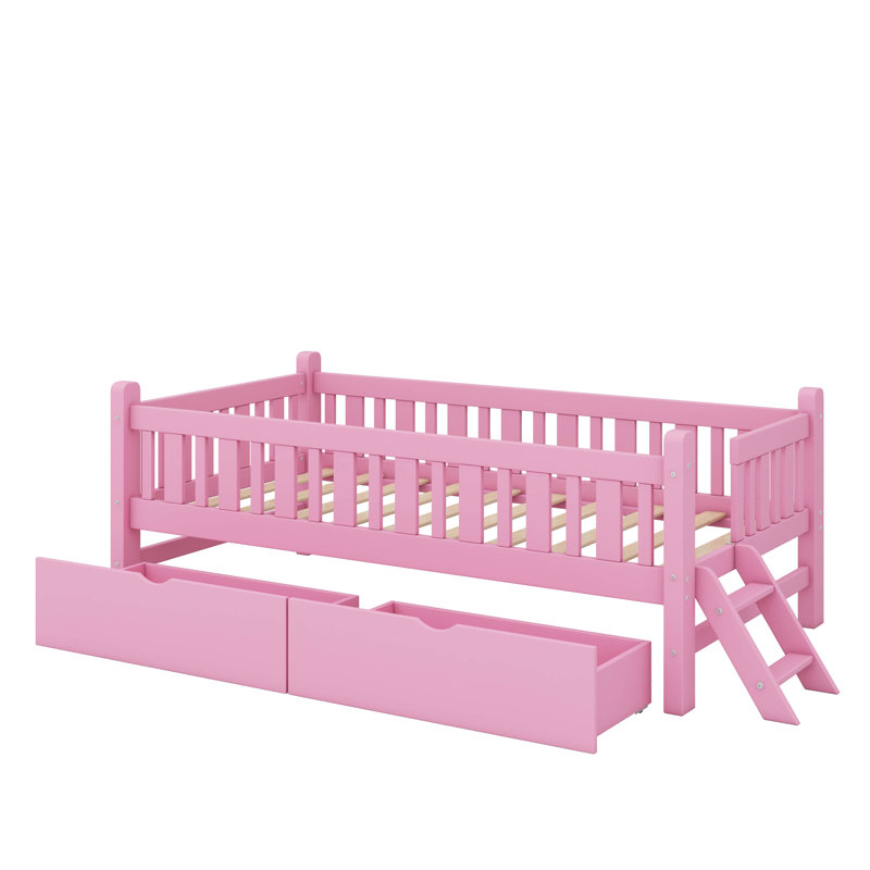 Lit plateforme simple en bois avec tiroirs et garde-corps, Rose