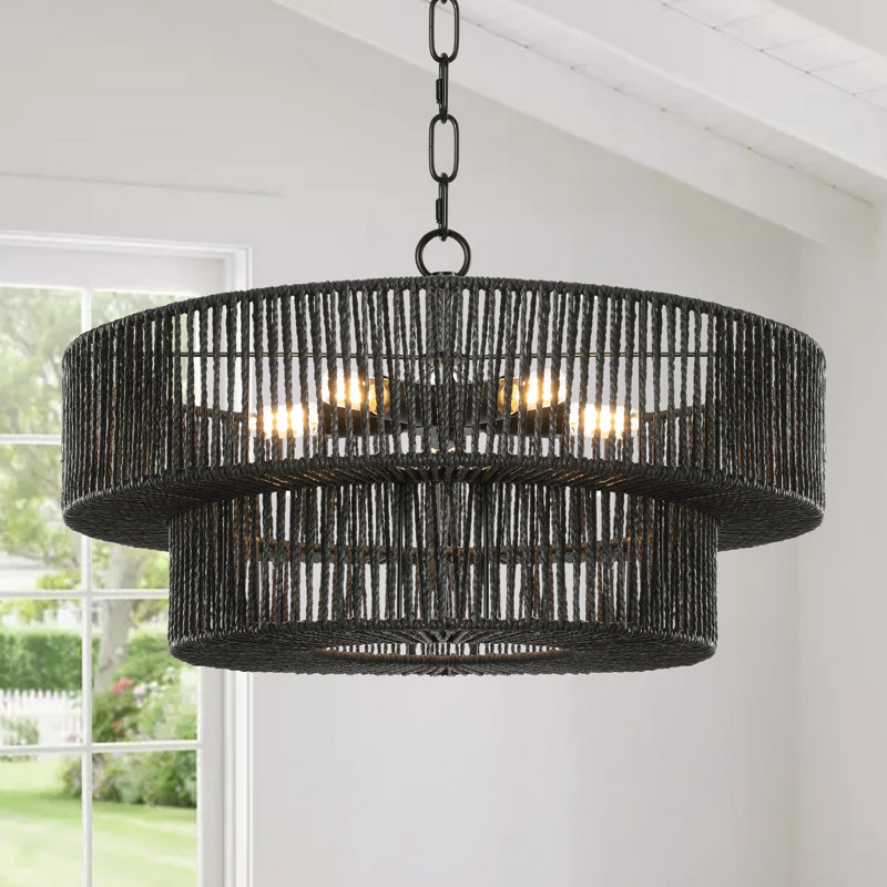Caytlen 21.65" 5-Light Dimmable Hand-Woven Drum Chandelier, Black