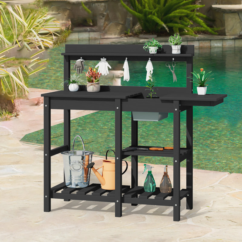 High Density Polyethylene Ourdoor Garden Potting Bench Table Work Bench With Sink Drawer, Black