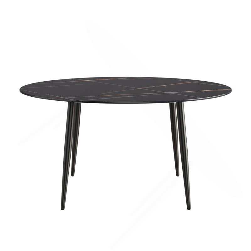 Table de salle à manger moderne en pierre artificielle ronde avec pieds en métal noir - peut accueillir 6 personnes. (Seulement tables, pas de chaises)