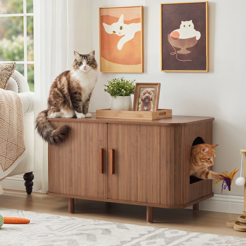 35.43'' Cat Litter Box Enclosure With Sliding Doors, Walnut