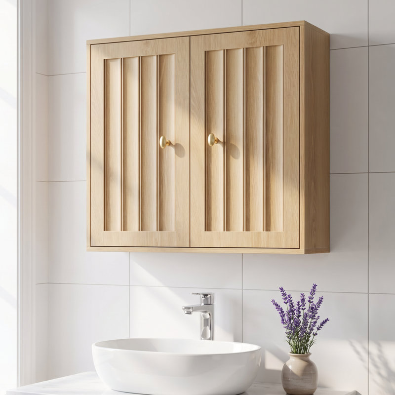 Armoire de salle de bain murale 22,05 po avec portes doubles et conception verticale rainurée, armoire à pharmacie avec boutons de ton doré