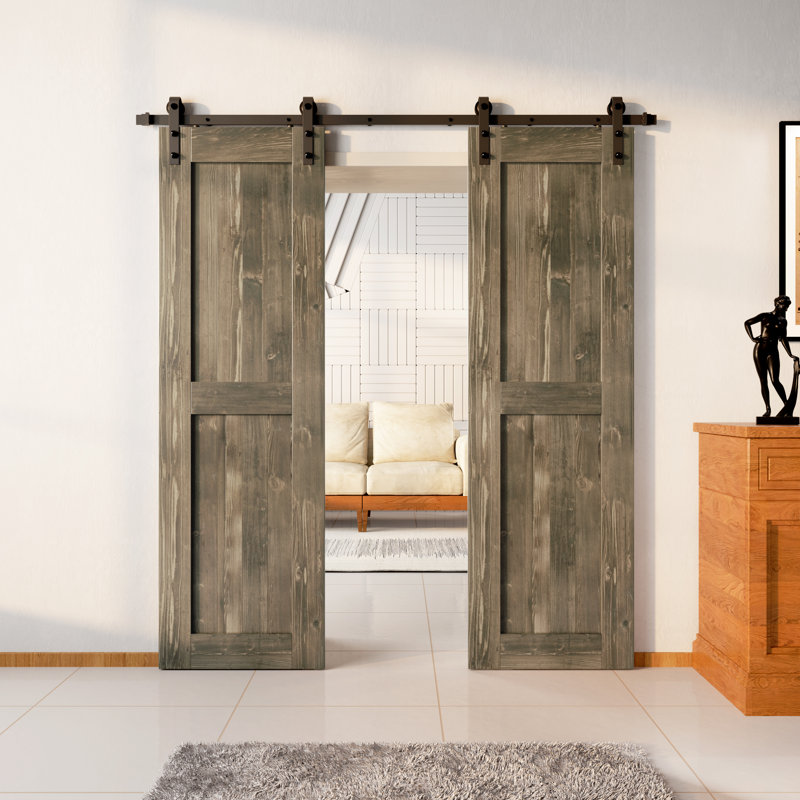 Porte en bois de pin non assemblé H Design avec quincaillerie d'installation rustique noire à deux portes, 28 po x 84 po
