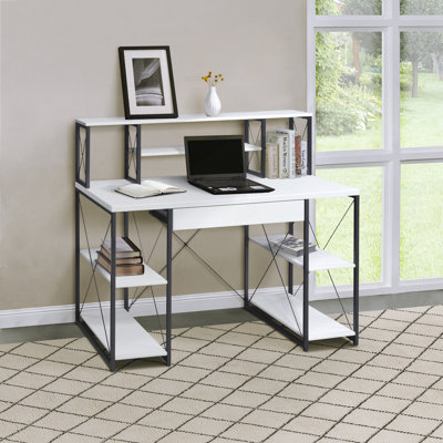 Modern White And Black Office Desk With Open Shelves And Hutch Storage | Gift Idea