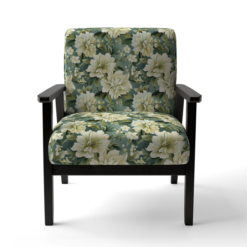 Beige And Green Peonies Damask Serenity II - Upholstered Cottage Accent Arm Chair