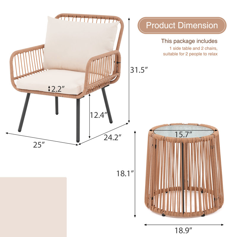 3 Piece Rattan Seating Group With Cushions, White