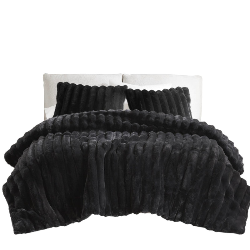 3 pièces, noir, très grand, ultra doux, fausse fourrure, édredon, texture moelleuse du cordon, sensation luxueuse, très grand lit, rembourrage, couvre-oreillers assortis