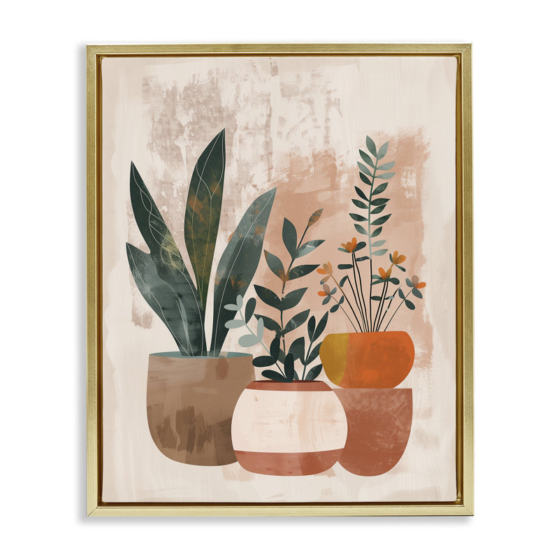 Cadre flottant Earthy Boho Plantes en pot, design par LSR Creative Studio, H 21 po x l 17 po, Cadre flottant métallique doré