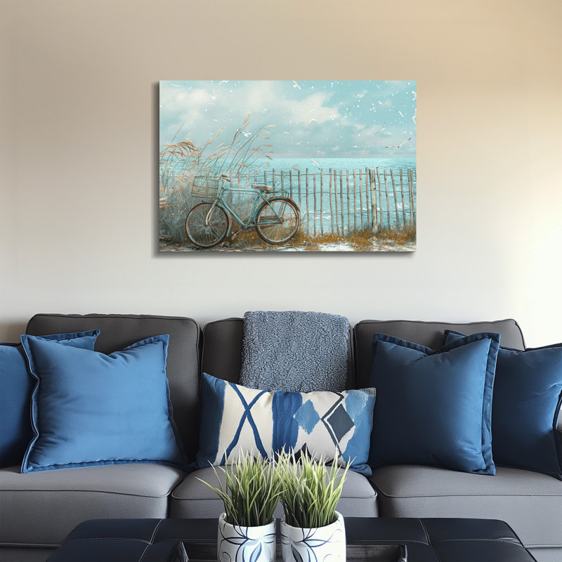 Impression sur toile Coastal Bicycle with Seagulls, 28" H x 40" W