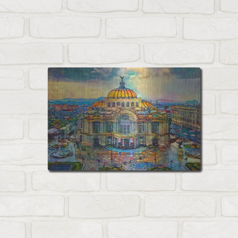 "Palais des beaux-arts de Mexico sous la pluie" par Pedro Gavidia, H 12 po x l 16 po