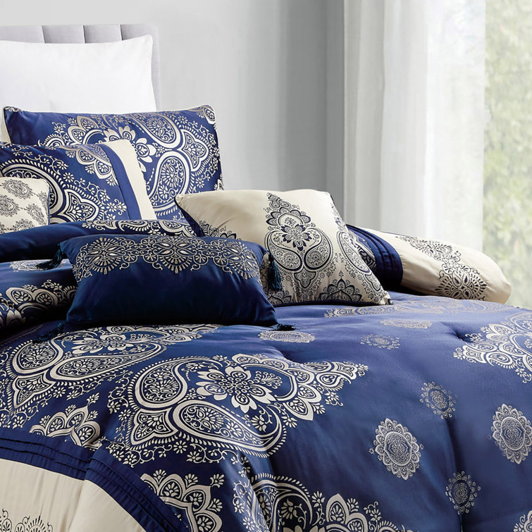 Patchwork Bed Floral Alcott Reviews 7 Bag Comobabi Block Textured Jacquard a & Set Color Comforter | Pieces Wayfair in Hill®