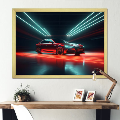 " Neon Light Strips Around Red Sedan "