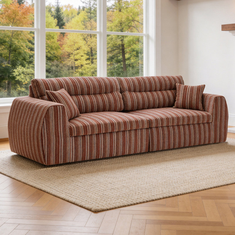 Canapé tissé à rayures en chenille, Acajou, rouge + brun