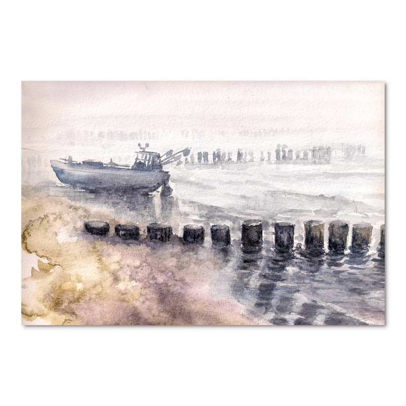 Bateau de pêche dans le port - Peinture sur toile, H 40 po x l 60 po, Toile tendue