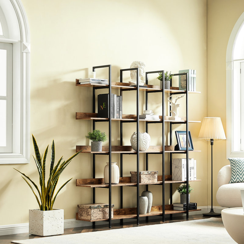 Bibliothèque à 5 niveaux de style industriel avec panneau et acier, pour le salon, capacité de 80 lb par tablette, coussinets réglables en métal, décoration de bureau, chaque tablette peut supporter 80 lb, facile à assembler