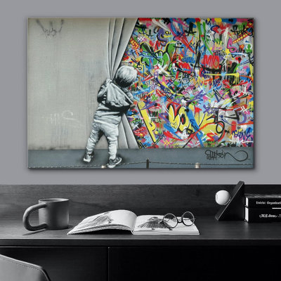 Pop Urban Street "Banksy British Artist Kid Spray Paint Curtain Artwork, Vibrant Illusion Colorful Wall Pictures, Large Framed Canvas Giclee Print Wall Art"