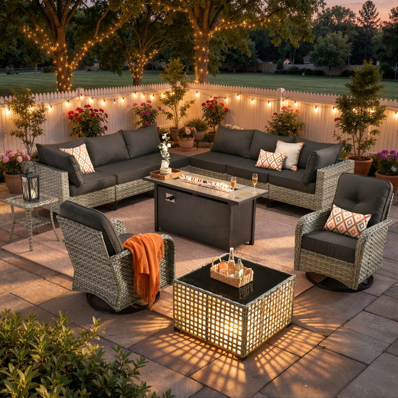 Emroy 8 - Person Reversible Modular Outdoor Conversation Set,Wicker Patio Seating Group with Lighted Coffee Table, All Weather Swivel Chair Set with Cushions