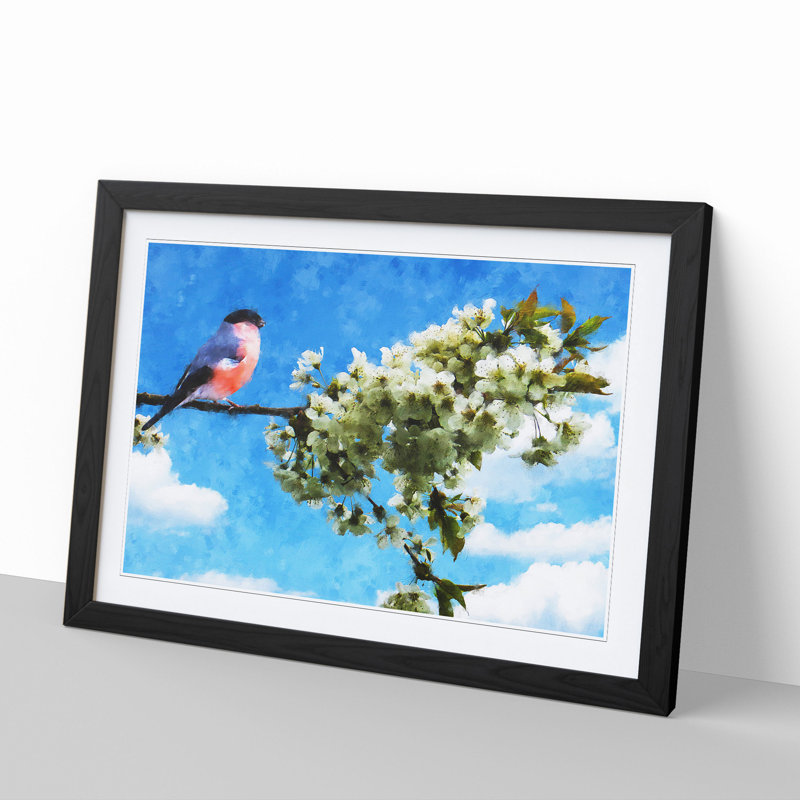 Bullfinch Bird on a Tree - Picture Frame Painting, 27cm H x 36cm W x 2cm D, Black Framed