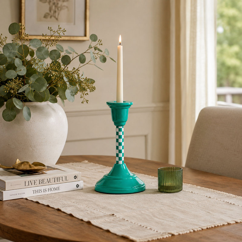 Handcrafted Jade Mint Checkered Aluminum Candleholder, 7.75" H x 4.25" W x 4.25" D
