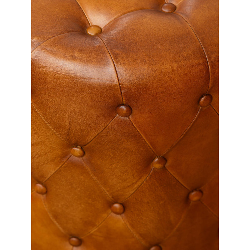 Handmade Eco-Friendly Solid Handmade Wood & Leather Round Ottomon, 21" H x 22.5" W x 22.5" D, Black Genuine Leather