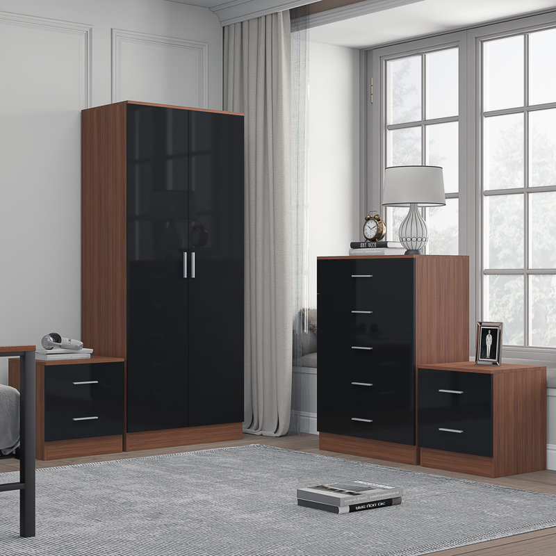 Eva Piece Bedroom Set, Black Gloss / Walnut