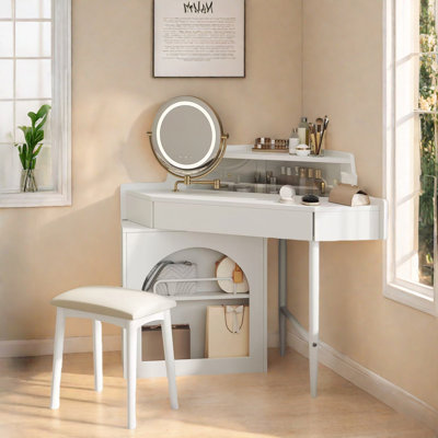 Bureau de coiffeuse de coin avec miroir pliant réglable, éclairage à DEL 3 couleurs, rangement adéquat et tabouret