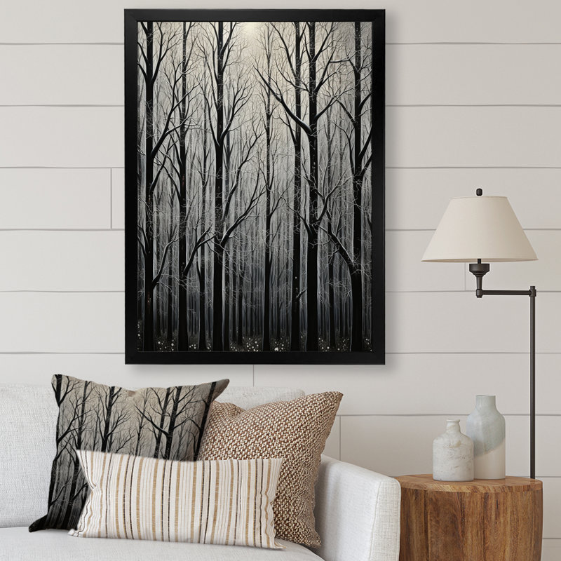 Art mural noir et blanc forêt brumeuse - arbre, Cadre simple noir, H 20 po x l 12 po x P 1 po