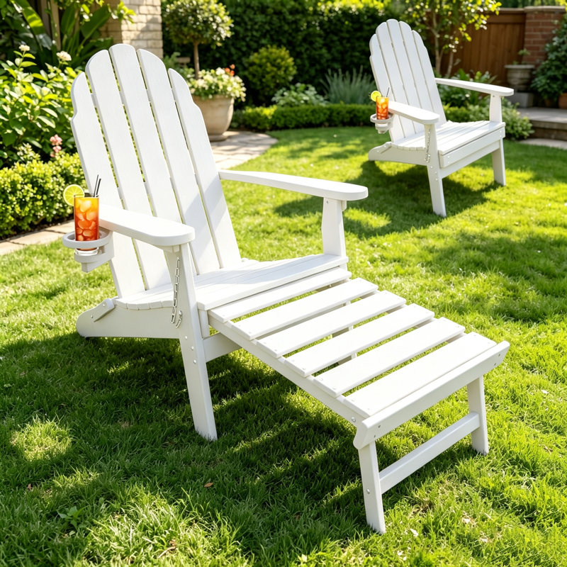 Chaise Adirondack de conception ergonomique pliable avec repose-pieds Adewumi, Blanc