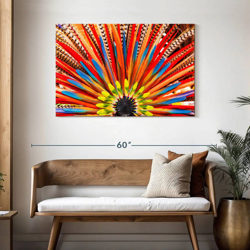 Coiffe aztèque à plumes, H 30 po x l 45 po