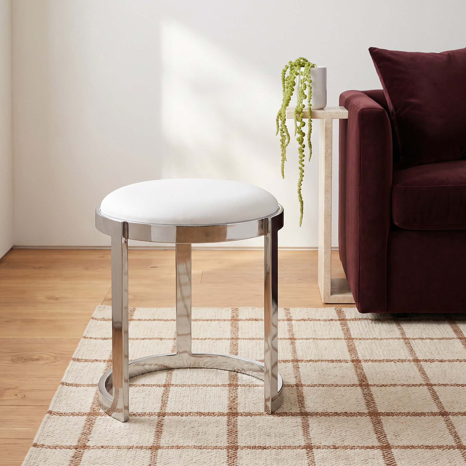 Nouri Accent Vanity Stool, Silver, White Faux Leather