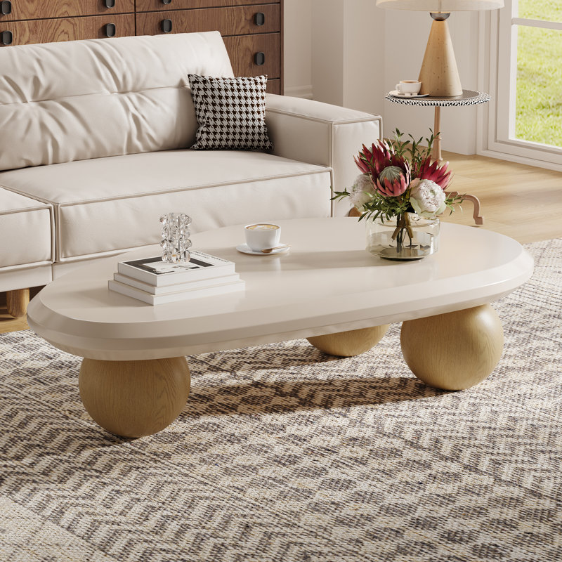 Khattab 51.2" Modern Three Legged Solid Wood Coffee Table, White, Brown