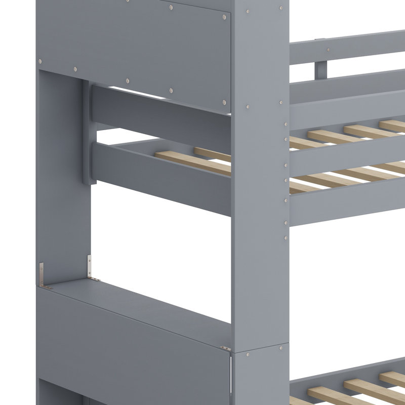 Lit en bois avec tête de lit à tablettes, garde-corps et échelle convertibles en 2 lits, Gris