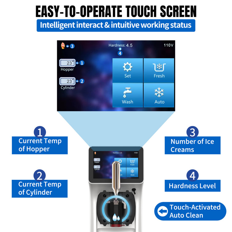 XPW Countertop Soft Serve Ice Cream Machine 1000w Commercial Ice Cream  Machine Automatic Touch Screen Operation Panel