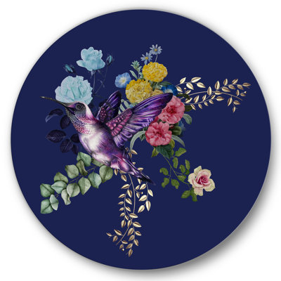 Petit oiseau sur un bouquet coloré de fleurs sauvages I - Cercle traditionnel en métal, art mural